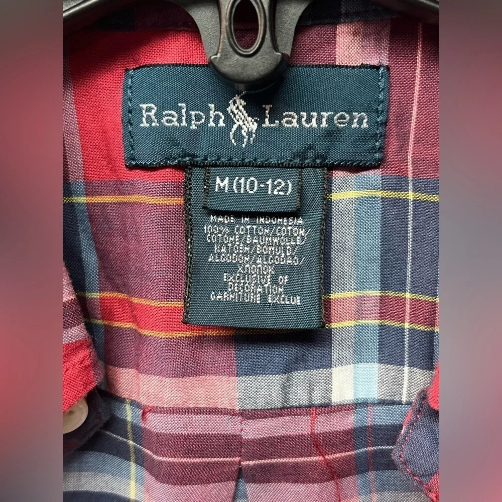 Ralph Lauren Plaid Classic Fit Shirt Boys Long Sleeve Red Blue. Size 10-12